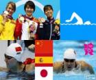 Γυναικεία 200 m πεταλούδα κολύμβηση πόντιουμ, Jiao Liuyang (Κίνα), Mireia Belmonte (Ισπανία) και Natsumi Koshi (Ιαπωνία) - London 2012-